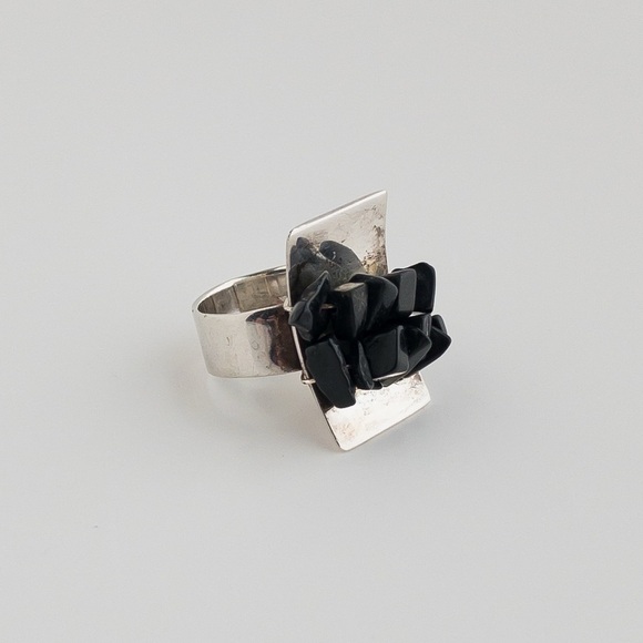 Vintage Modernist Sterling Silver Black Onyx Stone Chip Ring Handmade 925 Size 6 - Picture 3 of 10